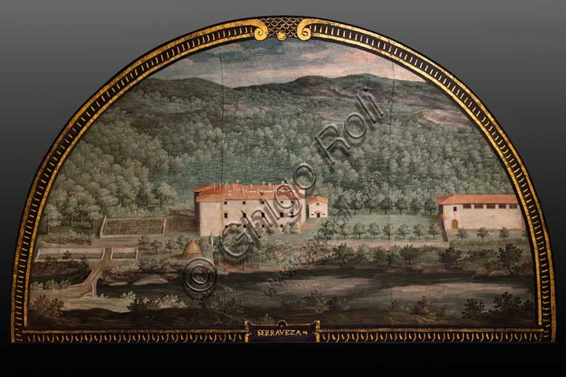 Painted lunette of Seravezza by Giusto Utens showing an aerial view of the Medici Villa in Lucca province, Tuscany
