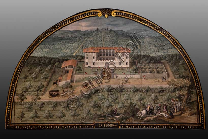 Painted lunette by Giusto Utens depicting the aerial view of the Medici Villa of Lappeggi, in Bagno a Ripoli near Florence.