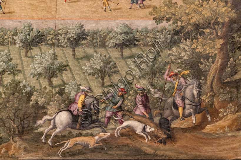 Lunette Medici Villa of Lappeggi, Giusto Utens: aerial view with hunting scene foreground, 1599-1602