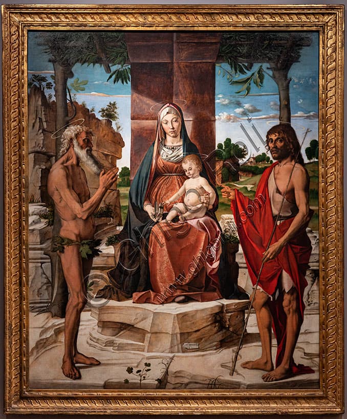 Dipinto Madonna con Bambino Bartolomeo Montagna 1485-6, arte rinascimentale con santi Giovanni Battista e Onofrio