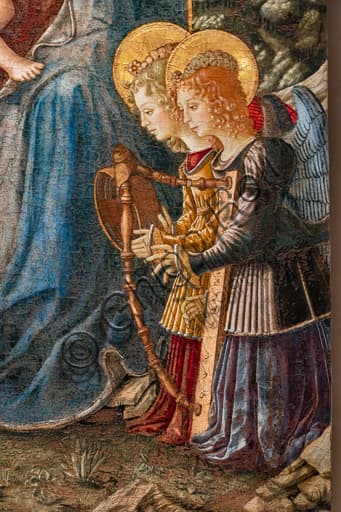 Detail of angels playing musical instruments from Benedetto Bonfigli's Madonna of St. Dominic, National Gallery of Umbria, Perugia