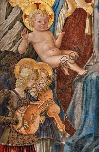 Detail from Benedetto Bonfigli's Madonna of St. Dominic: Infant Jesus with music-playing angels, Renaissance tempera and oil on panel painting.
