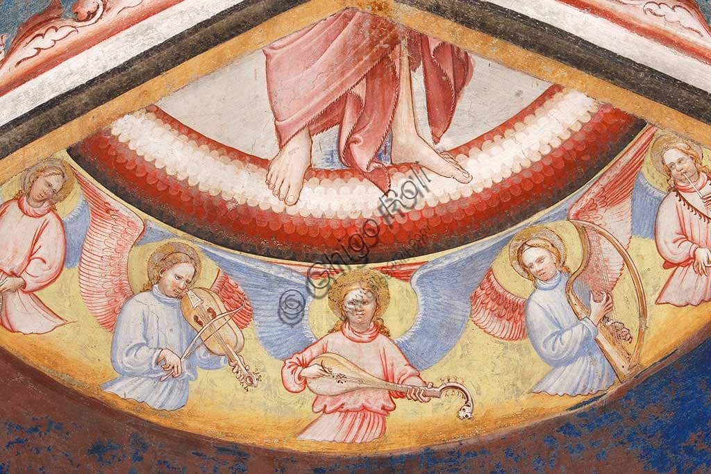 Detail of angels playing instruments in The Ascension of Christ fresco, Contrari Chapel, Vignola