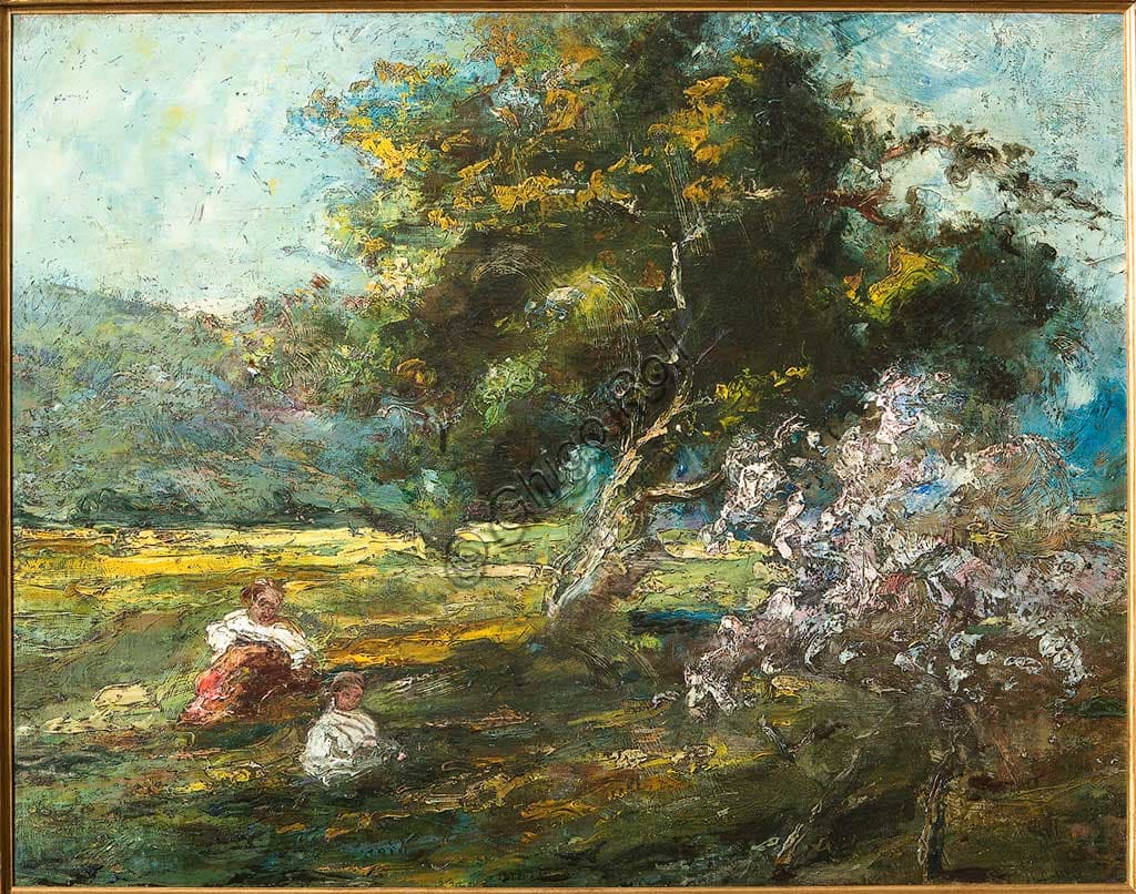 Oil on canvas painting 'Wood and Children' by Italian artist Ubaldo Magnavacca, Assicoop-Unipol Collection