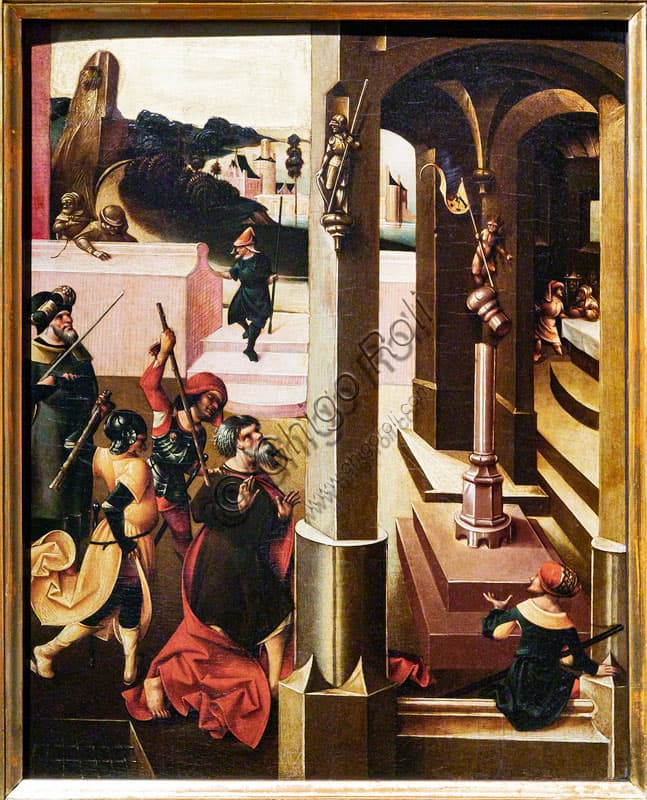 Dettaglio del dipinto rinascimentale 'San Giuda Taddeo costretto ad adorare idoli', di Mair von Landshut, tecnica mista su tavola.