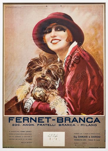 Manifesto pubblicitario Fernet Branca 1926, Marcello Dudovich, donna con cane, cromolitografia