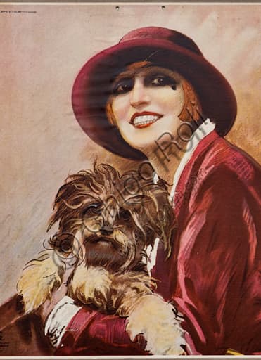 Dettaglio manifesto pubblicitario Fernet Branca di Marcello Dudovich, Nella Regini con cagnolino, cromolitografia 1926
