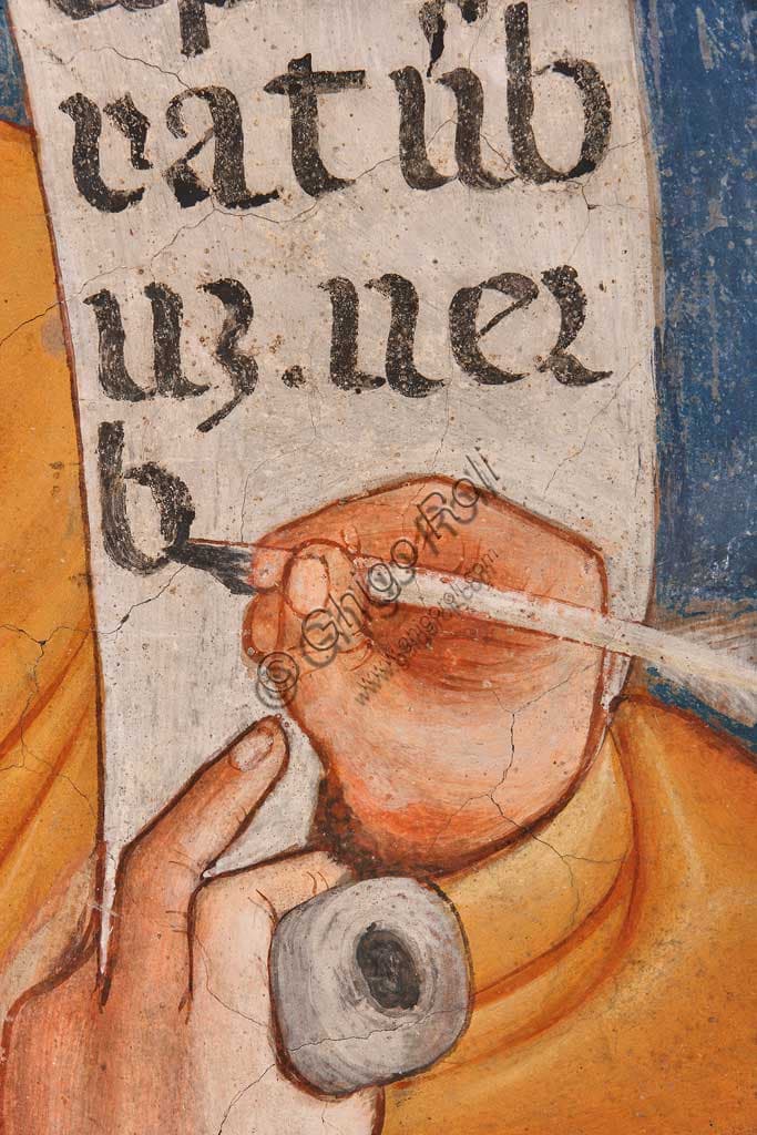 Detail of the hand writing In principio erat Verbum, fresco of Saint John the Evangelist, Master of Vignola, Contrari Chapel, Vignola Stronghold