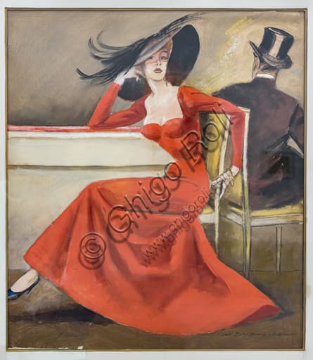 Artwork detail of The Red Dress, tempera and charcoal on paper by Marcello Dudovich 1954-55