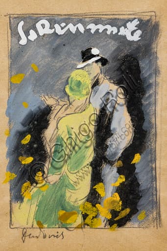Tempera sketch by Marcello Dudovich for La Rinascente department store, 1928: elegant woman with hat and coat
