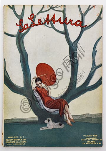 La Lettura magazine cover illustration: woman sitting on tree with red parasol by Marcello Dudovich, 1925