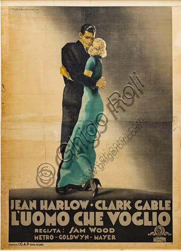Manifesto pubblicitario illustrato di Marcello Dudovich del 1933 con Jean Harlow e Clark Gable, esempio di cromolitografia.