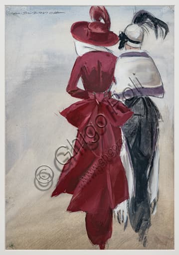 Art sketch Girls from the back wearing a feathered hat, Marcello Dudovich 1954-5, tempera graphite pastel