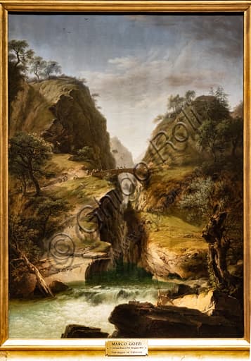 Dipinto Il ponte di Varallo di Marco Gozzi, olio su tela 1818, panorama di Valsesia con torrente