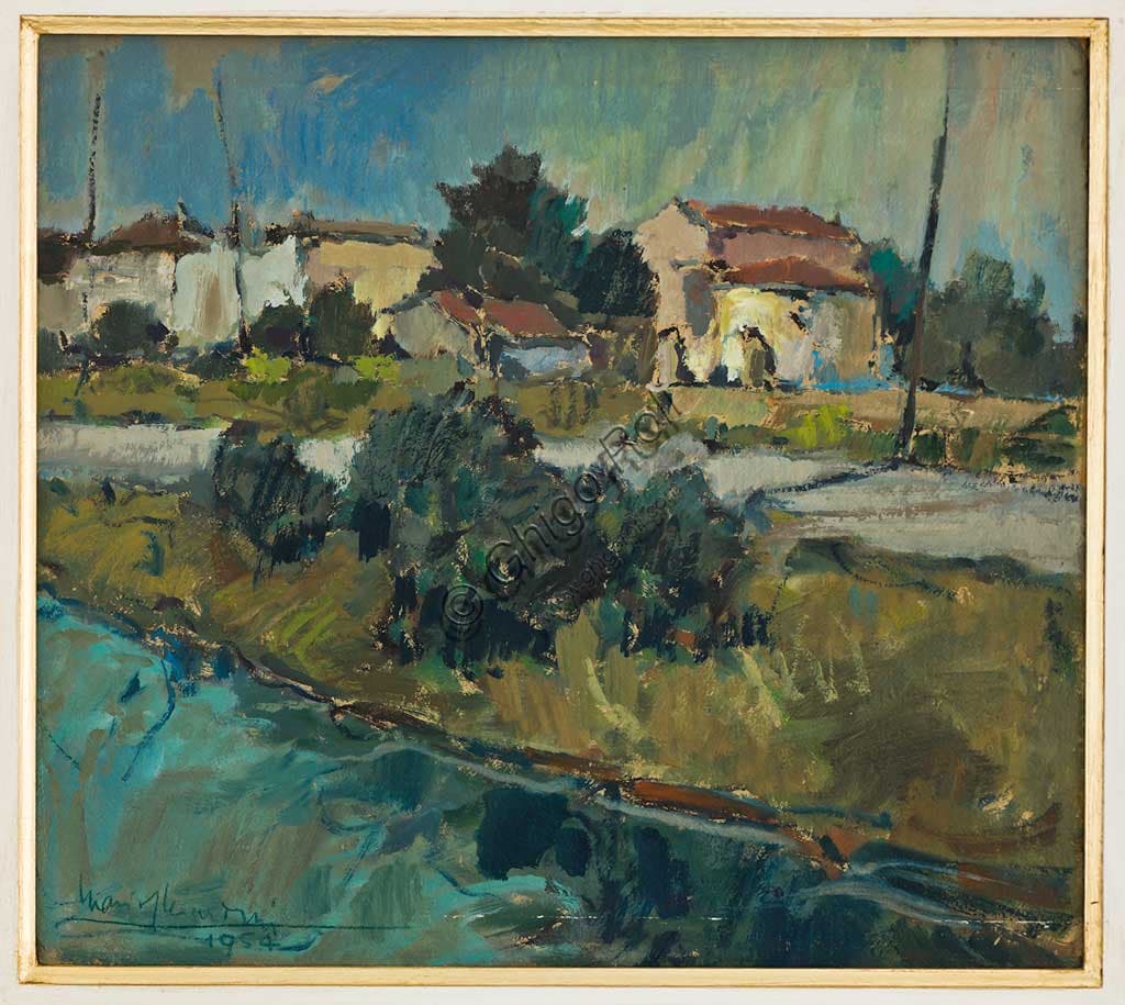 Oil on canvas painting Houses on the Canal at Villa Rainusso by Mario Gherardini