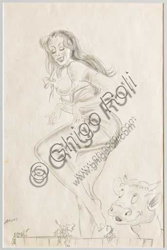 Disegno erotico a matita L'Autunno di Mario Molinari, Collezione Assicoop Unipol, cm 32 x 21