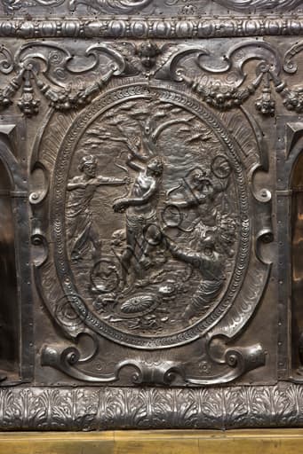 Detail of the Martyrdom of Saint Sebastian, silver antependium by Melchior Suez 1599, Genoa
