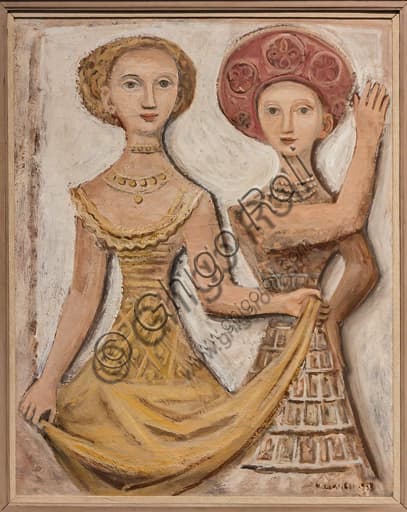Painting Two Female Dancers by Massimo Campigli, oil on canvas 1938, Museo Novecento Florence Italy