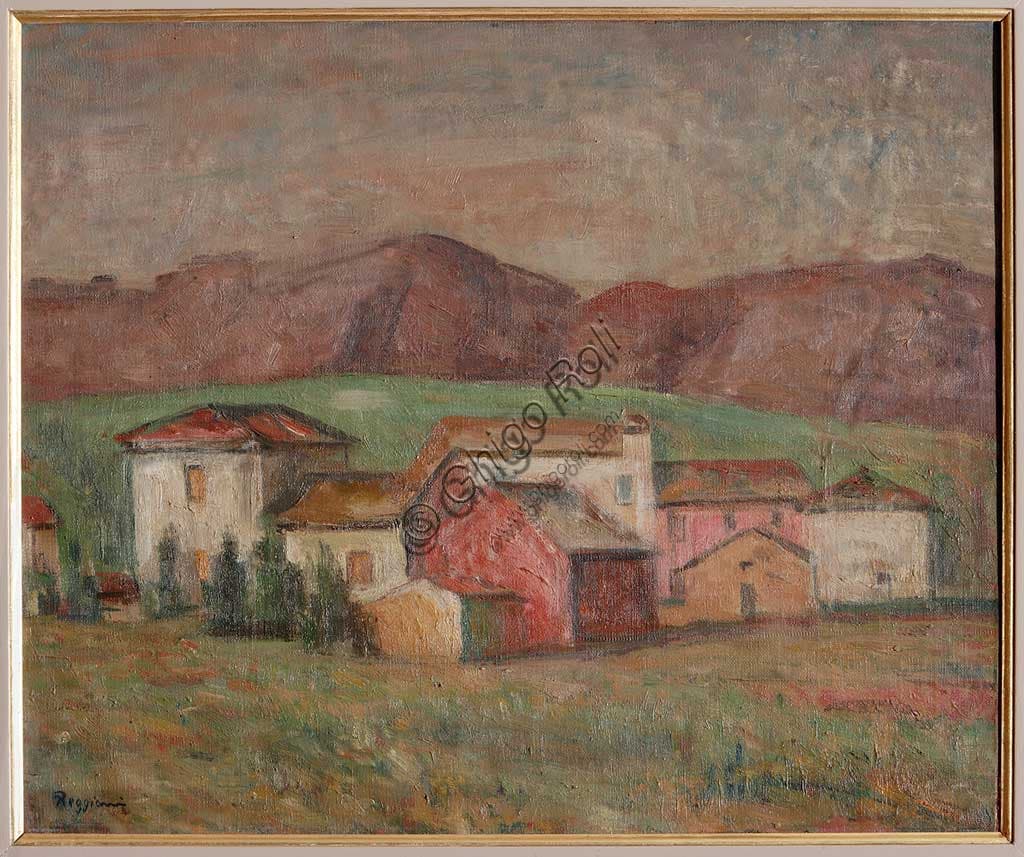 Dipinto Borgo ai piedi dei monti, olio su tela di Mauro Reggiani, arte moderna, collezione Assicoop-Unipol