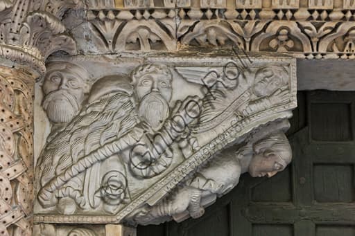 Sculptural detail of the Romanesque corbel, St. Gotthard portal, Genoa Cathedral