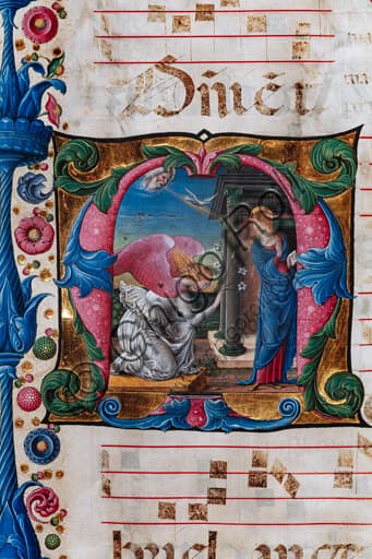 Detail Annunciation miniature, Liberale da Verona, Siena Cathedral, choir book 13.O Piccolomini Library