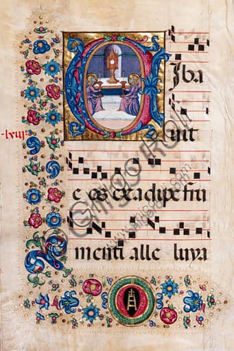 Detail of the Corpus Domini illumination, f.63v, Piccolomini Library choir book, by Pellegrino di Mariano