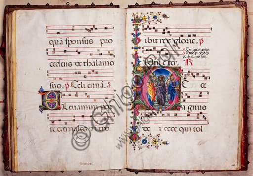Detail illumination Preaching of Saint John the Baptist, Pellegrino di Mariano, Piccolomini Library choir book manuscript