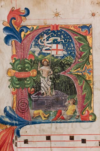 Detail of the Resurrection of Christ miniature, illumination from Gradual N 9, 1464, Diocesan Museum Genoa, Italy