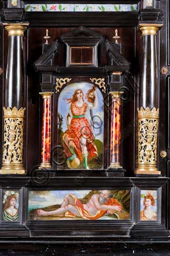 Detail of the Monetiere cabinet at Palermo's Royal Palace showing the Judith and Holofernes scene on painted glass