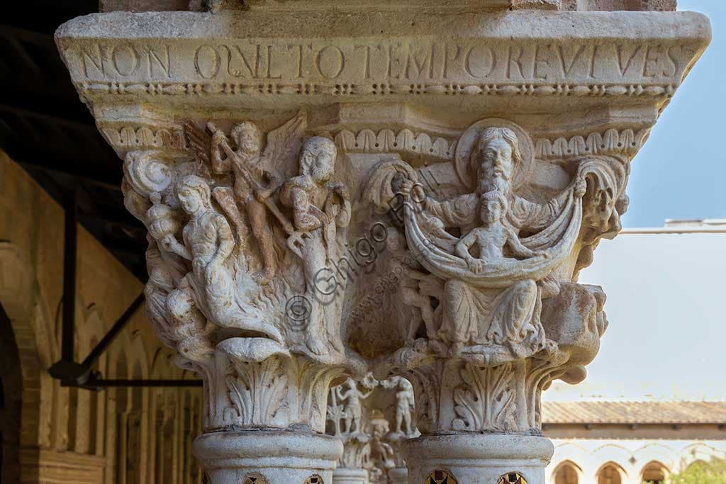 Capitello scultura romanica Duomo Monreale chiostro, parabola ricco Lazzaro inferno paradiso
