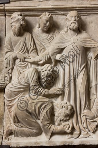 Gothic sculpture of Cardinal Luca Fieschi's funeral monument with Christ and the 12 Apostles, Genoa Diocesan Museum, Liguria, Italy
