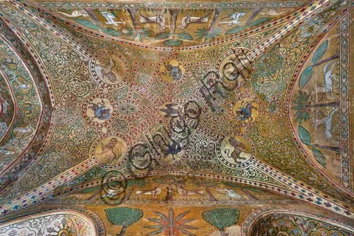 Detail of the mosaics with animal figures on the vault of the King Roger Room, Palace of the Normans, Palermo