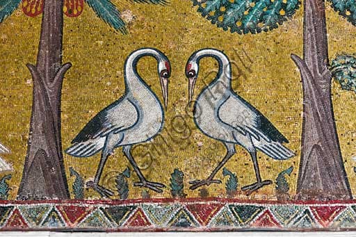 Detail of Byzantine mosaics Norman Palace Palermo, King Roger Room with storks among hunting scenes and vegetation