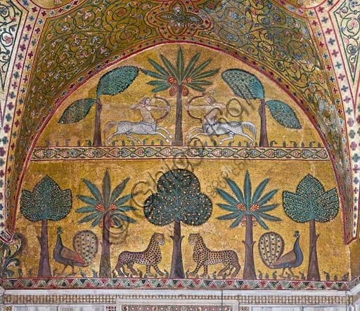 Detail King Roger Room mosaics: centaur, peacocks and leopards among palm and banana trees, Palazzo dei Normanni, Palermo