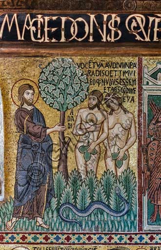 12th-century Byzantine mosaic depicting Adam and Eve facing God after eating the forbidden fruit, Palatine Chapel, Palazzo dei Normanni, Palermo.