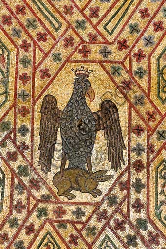 Detail of polychrome mosaic depicting an eagle clawing a rabbit, vault of the King Roger Room, Norman Palace, Palermo.