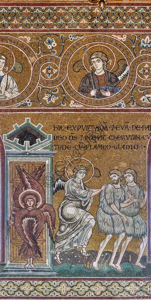 Mosaico bizantino della Cacciata dal Paradiso Terrestre, Duomo di Monreale (Palermo), dettaglio di Adamo ed Eva