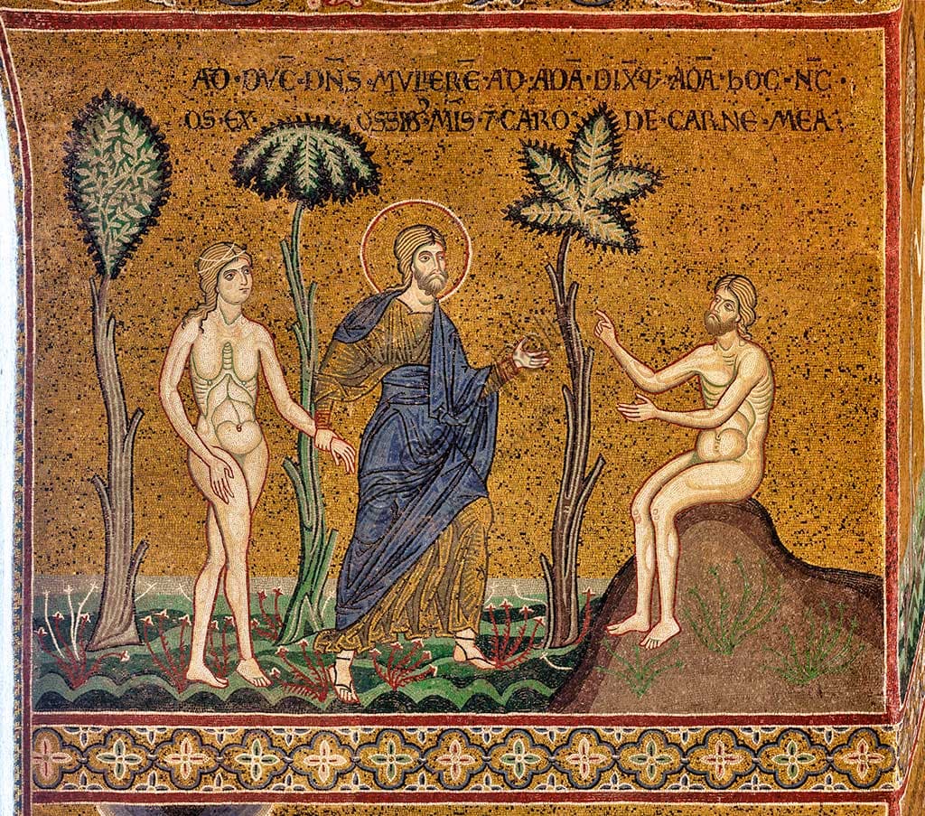 Mosaico bizantino Dio presenta Eva ad Adamo nel Duomo di Monreale, Sicilia, dettaglio controfacciata