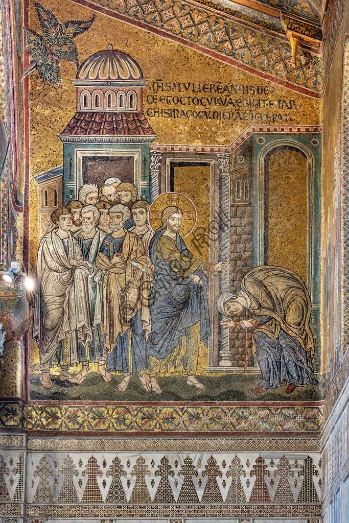 Mosaico bizantino del Duomo di Monreale - Gesù guarisce la donna curva dalla sua gobba, dettaglio Episodi della vita di Cristo