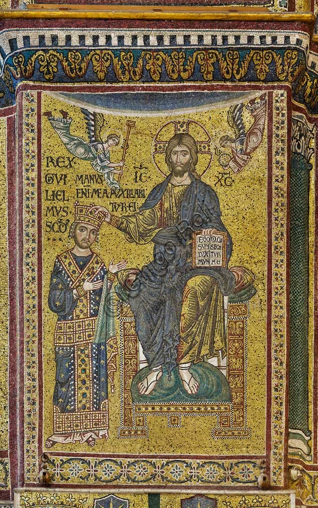 Dettaglio mosaico bizantino Duomo Monreale: Cristo incorona Re Guglielmo II nel transetto