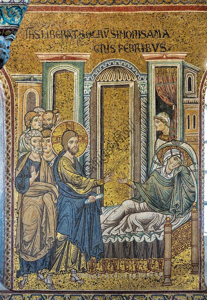Dettaglio del mosaico bizantino nel Duomo di Monreale con Gesù che guarisce la suocera di Simone Pietro dalla febbre