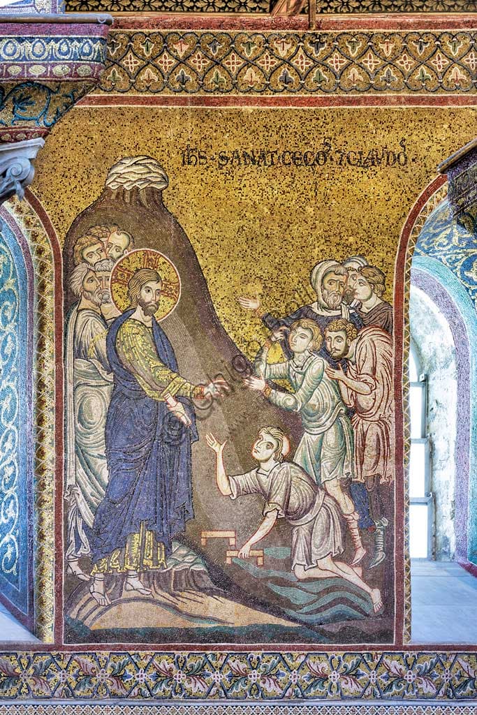 Mosaico bizantino Gesù risana ciechi e storpi, dettaglio, Duomo di Monreale, XII-XIII secolo.
