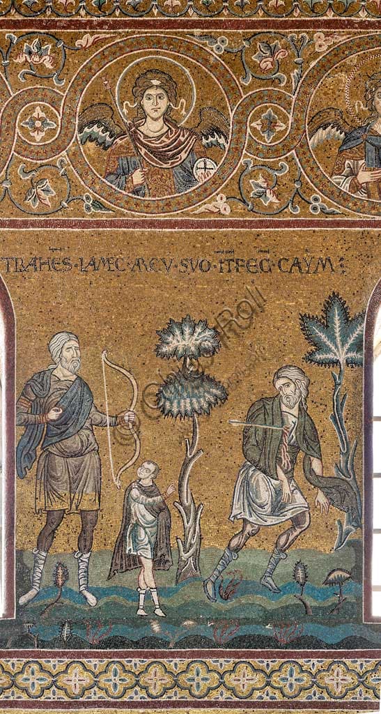 Dettaglio mosaico bizantino Lamech uccide Caino nel Duomo di Monreale, Sicilia