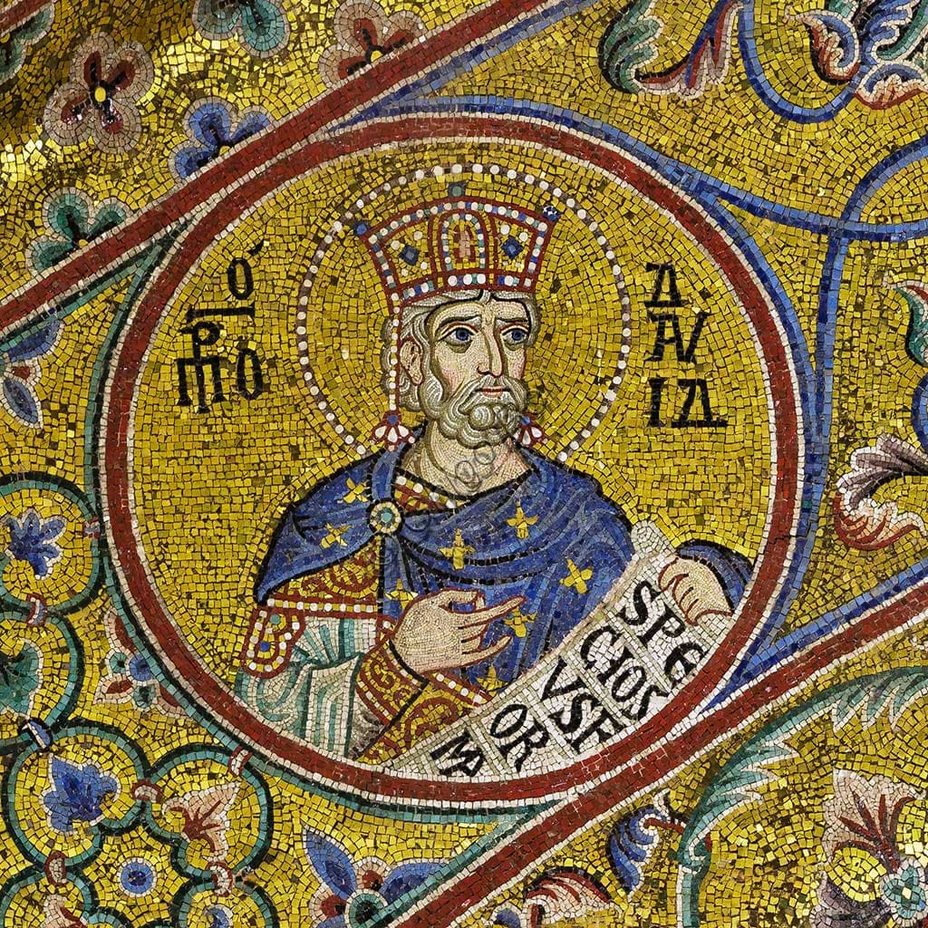 Mosaico bizantino di Re David, dettaglio del sottarco absidale del Duomo di Monreale a Palermo, Sicilia