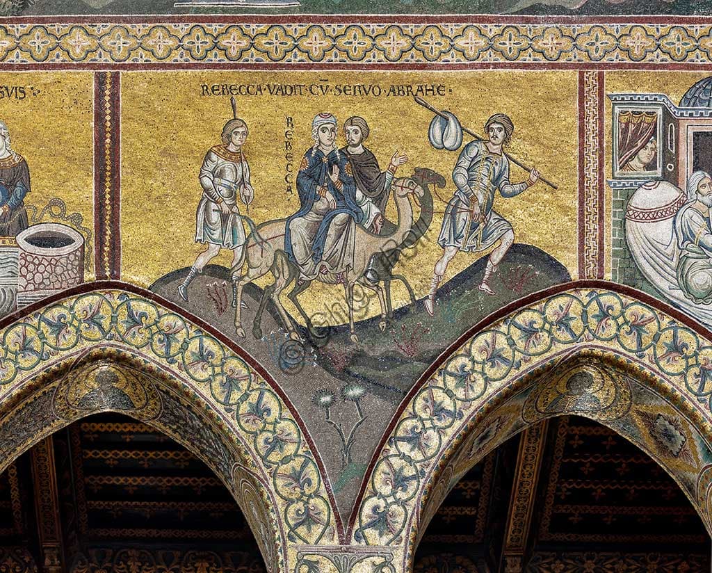 Mosaico bizantino Il Viaggio di Rebecca, Duomo di Monreale Palermo Sicilia