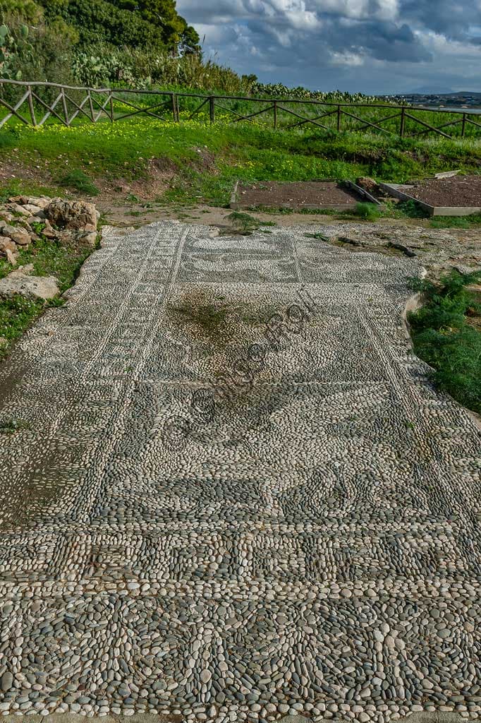 Dettaglio mosaico ciottoli bianchi neri Isola San Pantaleo Mozia - Grifone attacca cervide
