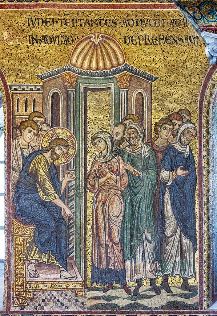 Mosaico bizantino Cristo e l'adultera, Duomo di Monreale, Sicilia, XII-XIII secolo, arte medievale