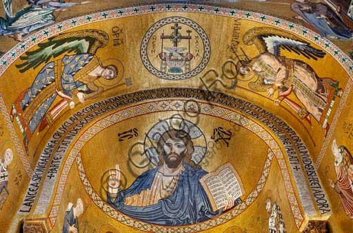 Byzantine mosaic of the Blessing Christ Pantocrator in the Palatine Chapel dome, Norman Palace, Palermo, 12th century.