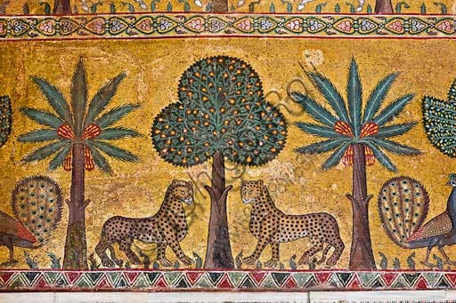 Detail of King Roger Room mosaic, Norman Palace: leopards among palm and banana trees
