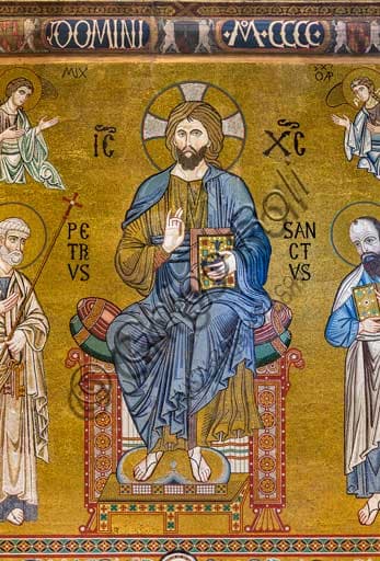 Byzantine mosaic Christ in Majesty between Saints Peter and Paul, counter-façade Palatine Chapel Palazzo dei Normanni Palermo